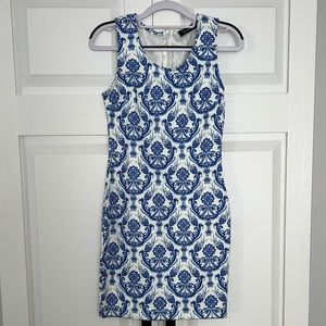 Blue pattern dress.